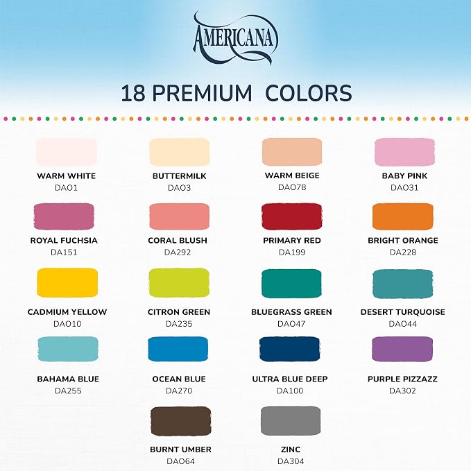 DecoArt Americana Acrylic Paint Set – Popular Colors, 18 Bottles (2 fl oz) – Art and Craft Acrylic Paints for Canvas, Wood, and More