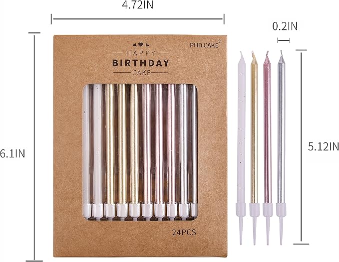 PHD CAKE Gold, Silver, Rose Gold, White, Long Birthday Candles in Holders, Cake Candles, Birthday Parties, Wedding Decorations, Party Candles, Celebrations