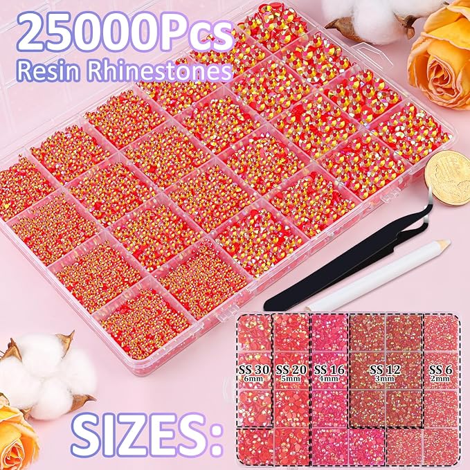25000Pcs Resin Rhinestones for Crafting, Red AB 2-6mm Mixed Sizes Non Hotfix Flatback Gems with 1Pcs Glue, Bedazzling Crystal for DIY Craft Clothing Mugs Tumblers Shoes Fabric Decor Nail Art