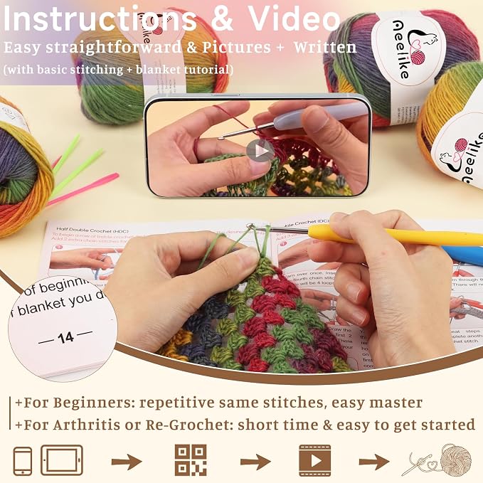 Aeelike Crochet Blanket Kit for Adults,Vedio Tutorial,Wool Yarn 10 Skeins