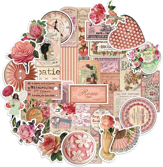 Bomichi Vintage Stickers, 102 Pcs Scrapbooking Supplies for Bullet Journals, Planners, Letter, Card Album Making, Collage Art, Crafts, Water Bottle