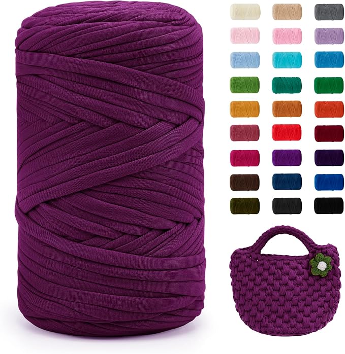 JeogYong T-Shirt Yarn, 400g/131 Yards Elastic Fabric Crochet Cloth T Shirt Yarn, Thick Hand Knitting Polyester Fabric Ribbon for Crocheting Bags/Baskets/Rugs, Home Decor, DIY Crafts (Dark Fuchsia)