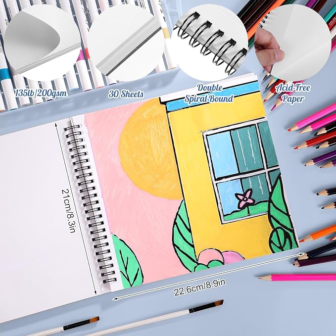 135lb/200gsm Marker Paper Pad, 8.3×8.9in Double Sided Bleedproof Sketch Pad, 30 Sheets Art Paper Spiral Sketchbook, Smooth Painting Coloring Alcohol Marker Paper for DIY, Gift