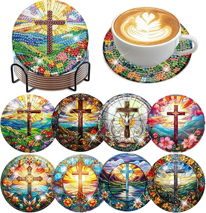mrpwnle 8 Pack Diamond Art Coasters Kits - Cross Diamond Painting Coasters