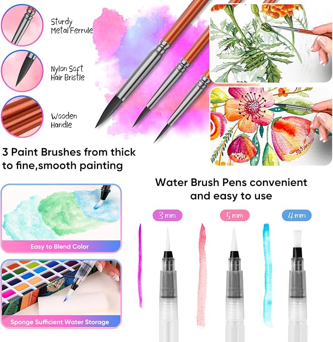Taotree Watercolor Paint Set 100 Colors, Art Supplies Travel Water Colors | Coloring Set Watercolors Kit with 3 Paints Brushes, Crafts Painting Supplies, Drawing for Adults Artist Drawing