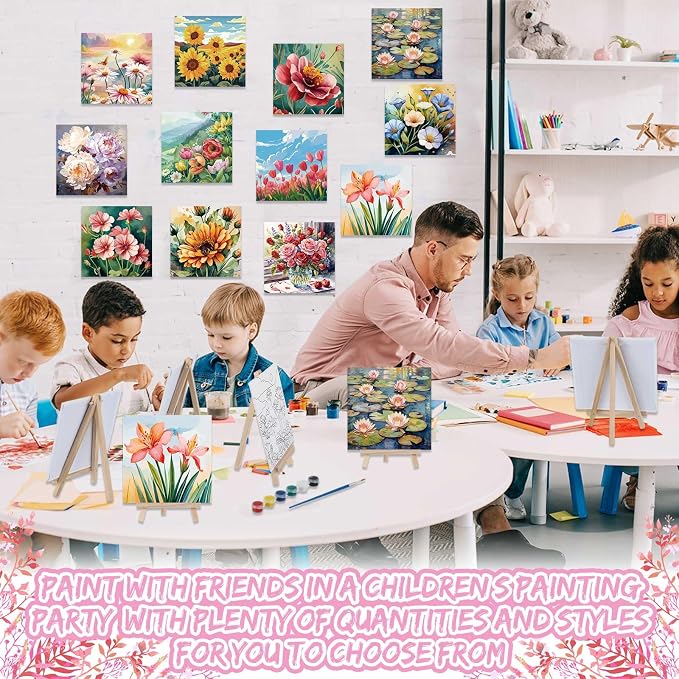 Tenceur 12 Sets Pre Drawn Canvas to Paint Adult Stretched Coloring Painting Canvas Panels with Design Easel and Brushes for Party Supplies Beginner Favor(Flower)
