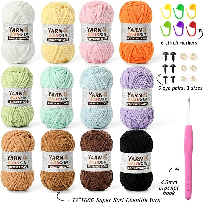 12 Pack Fluffy Chunky Chenille Yarn for Crocheting, Baby Yarn for Crocheting Soft Blanket, 1200g (1574yds) Bulky Yarn Set for Crochet Amigurumi & DIY Crafts A