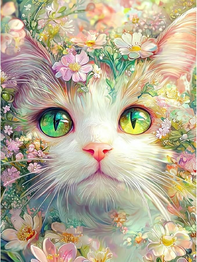 Cat Floral Paint by Numbers Kit for Adults Framed Canvas, Frameworkless