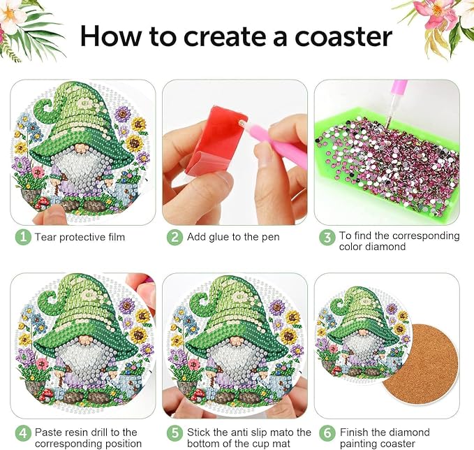 8 Pack Diamond Art Coasters Kits, Gnomes Diamond Painting Coasters Kits