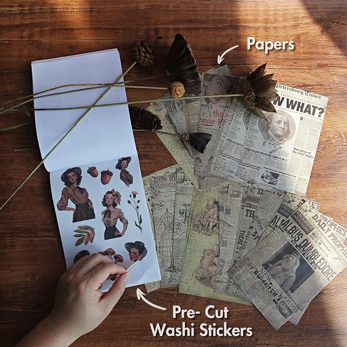 Vintage Scrapbook Stickers and Ephemera Pack – Pre Cut Design Scrapbooking Supplies with 216 Washi Stickers & 30 Papers for Jounk Journaling, Planners, DIY Crafts, Card Making