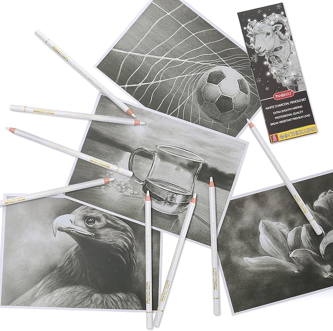 PANDAFLY White Charcoal Pencils Set, 8 Pack, Sketch Highlight Pencils | Professional White Chalk Pencils for Black Paper Drawing, Sketching, Shading, Blending, Ideal for Beginners & Pro Artists
