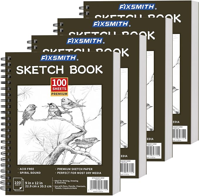 FIXSMITH 9"X12" Sketch Book, 100 Sheets, 68 lb/100gsm,4 Pack Brown | Acid Free Drawing Paper | Spiral Bound Artist Sketch Pad | for Kids, Beginners, Artists & Professionals | Bright White