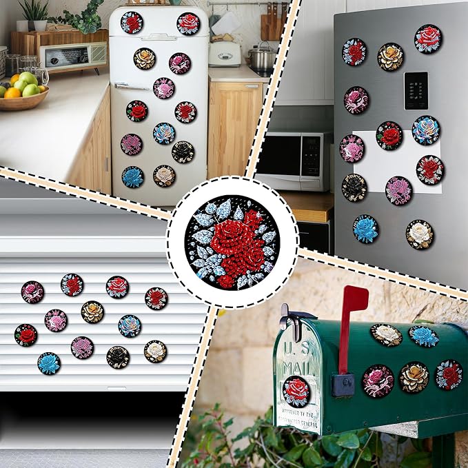 Zonon 12 Pcs Rose Flower Diamond Art Magnets, Flowers Fridge Magnets Adults | Diamond Painting Stickers, Sparkling Rose Designs, Easy to Apply on Refrigerator for Home Kitchen Decor