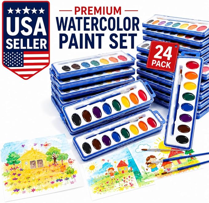 24 Pack Water Colors Paint Set for Kids, Washable Non-Toxic Watercolor Paints with Brushes – Water Color Set for Classroom, Parties & Art Activities