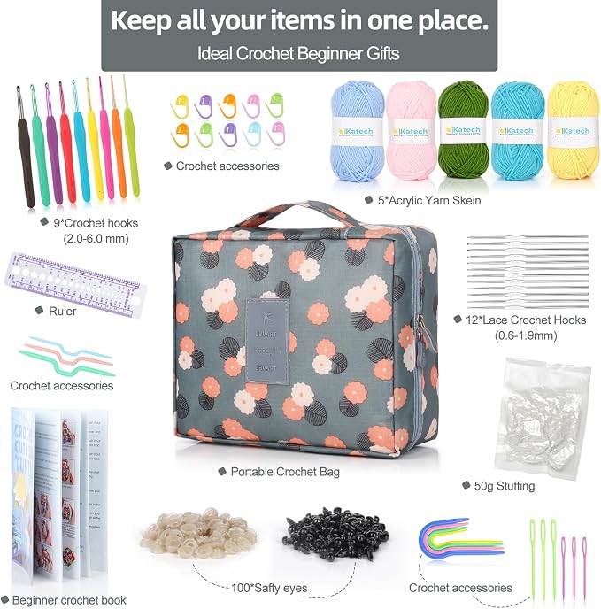 Katech Crochet Kit for Beginners-Crochet Starter Kits with Yarn w/Tutorial | Crochet Kits Includes 382 Yards Yarn Balls, Hooks, Accessories, Tutorials, Ideal Craft Gift for Kids Adults Professionals