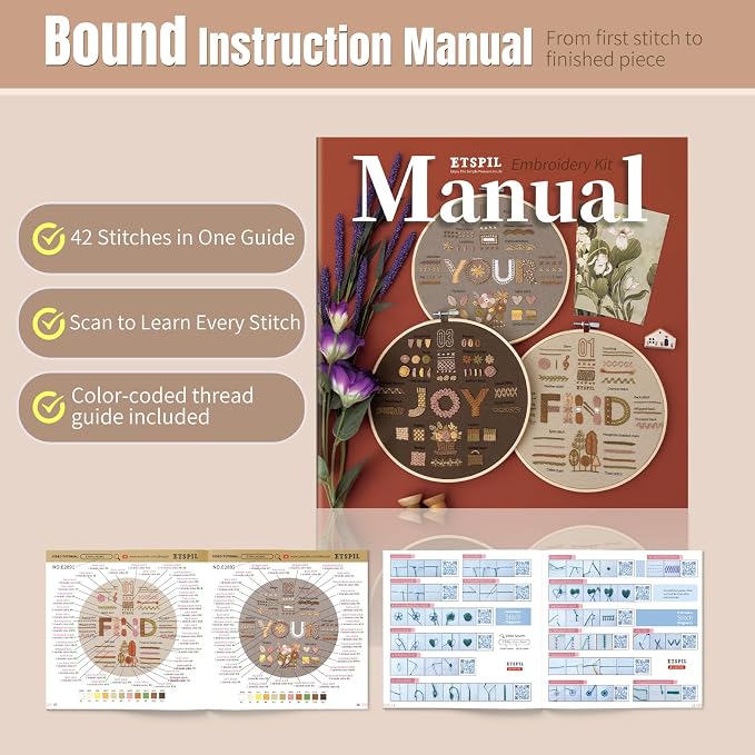 ETSPIL Embroidery Kit for Adults, 42 Stitches, 4K Video, Storage Bag | Stamped Floral Letters FIND YOUR JOY. Step-by-Step Guide. 20% Extra Floss. Beginner-Friendly. Relaxing Craft for Women