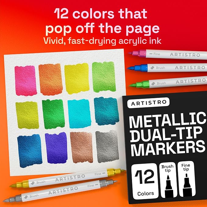 ARTISTRO 12 Metallic Dual-Tip Acrylic Paint Marker Pens for Drawing | For Fabric, Rock, Glass, Wood, & Molds, Arts & Crafts Gift for Adults, Teens, & Kids, Classroom Must Haves & School Supplies