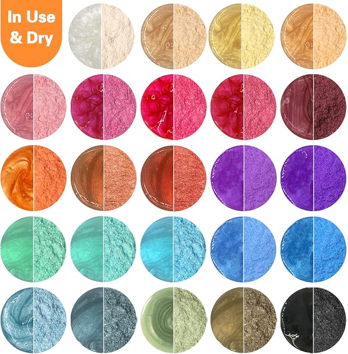 SEISSO Mica Powder - 24 Colors, 0.35 oz(10g) Bottles - Mica Glitter & Pigment for Epoxy Resin, Lip Gloss, Soap, Candle, Bath Bomb, Art Crafts, Nails, Slime
