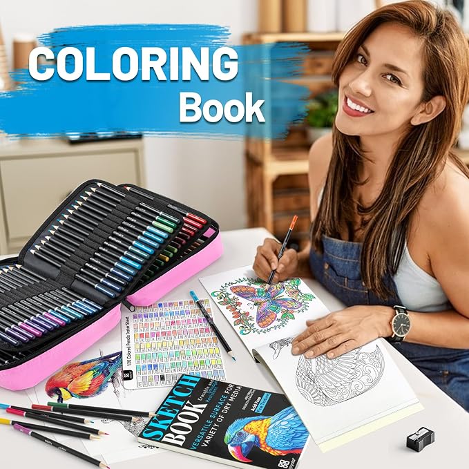 136 PCS Colored Pencils Set for Adult Coloring Books, 120 Colored Pencils | with Sketchbook, Coloring Book, Sharpener, Tutorial, Color Chart, Soft Core Oil-Based, Ideal for Drawing Blending Shading