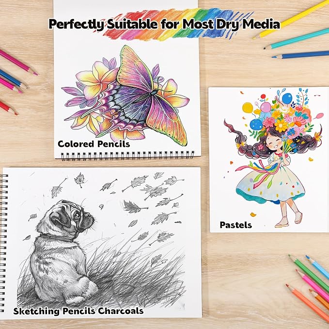 12 Pack Sketch Books 9 × 12 in, Spiral Bound, Acid-Free Paper | 30 Sheets Each, 68lb/100gsm Paper, Hardcover with Backboard, Lay-Flat Spiral, for Kids Beginners & Artists