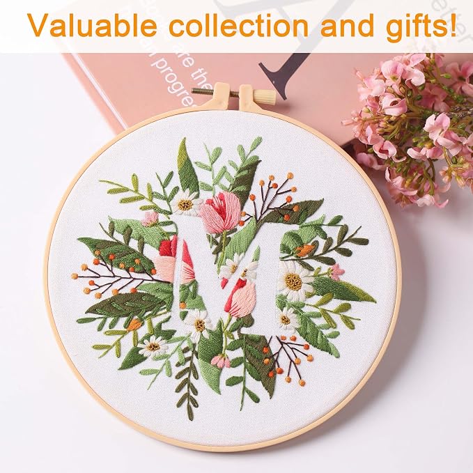Harimau Letter M Pattern Embroidery Kit for Adult Beginners, Complete Starter Pack with 1 Hoop, Needles, Instruction Guide & Embroidery Stitch Video Tutorials