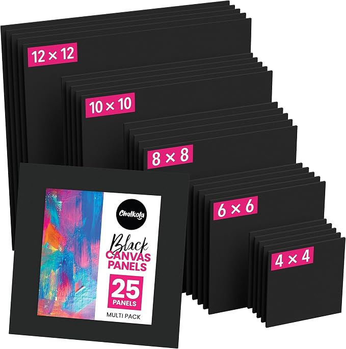 Chalkola 25 Square Black Canvas for Painting - Primed Cotton Art Boards | Panels (25 Pack) 4x4, 6x6, 8x8, 10x10, 12x12 inch (5 Each) - Painting Canvases 100% Cotton, Acid Free for Adults & Artists
