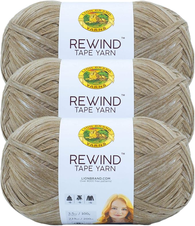 Lion Brand Yarn, Rewind Bulky Flat Tape Yarn for Crochet, Knitting and Crafts, Willow, 3 Pack, Soft Fiber for Bags, Summer Hats, and Shawls, Khaki Brown
