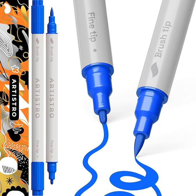 ARTISTRO Blue Dual-Tip Acrylic Paint Pens - Set of 2 | 1mm Fine & Brush Tips, Multisurface Markers, Perfect for Glass, Rock, Fabric, Wood, Plastic, & More