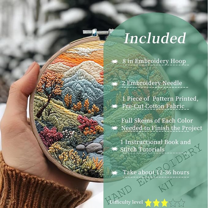 FONNUY Embroidery Kit for Beginners, Boho Nature Landscape Pre-Stamped Pattern Kits for Adults with Hoop, Easy to Follow Color Thread Needlework, 8'' Hoop (Mountain Stream)