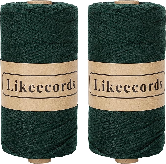 Likeecords 2 Skeins of 100% Cotton Crochet Bag Cord 2mm x 170m Macrame Cord 2mm Crochet Thread Macrame Rope Gift for Knitter (Dark Green)