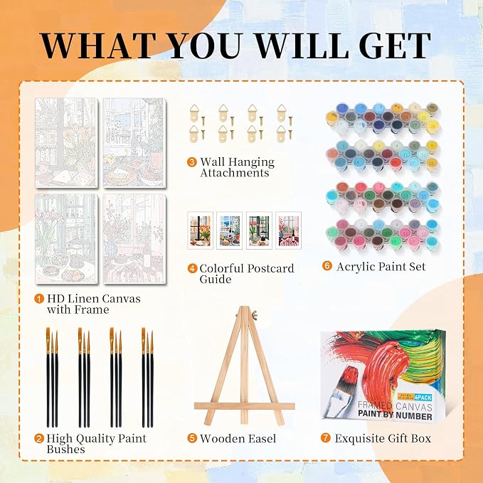 4 Pack Paint by Numbers Kit for Adults with Frame, Window Scenery & Flower | DIY Acrylic Painting Kit with Wooden Easel, Framed Paint by Number for Beginners, Home Wall Decor & Gift, 8 x 12 Inch
