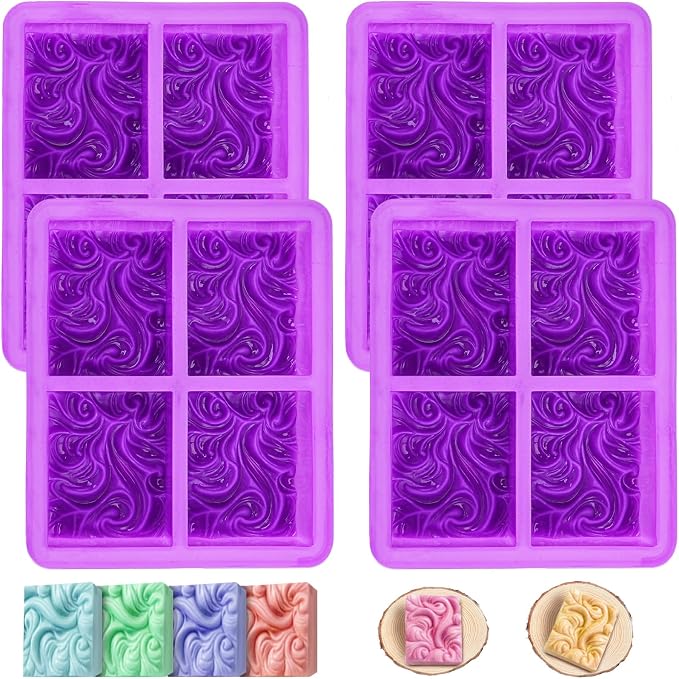 Jucoan 4 Pack Ocean Wave Silicone Soap Mold, 4 Cavities 3.5 oz Rectangle Nautical Wave Swirls Silicone Molds for Handmade Craft Soap, Wax Candle, Lotion Bars, Bath Bombs, Resin Craft, Wedding Favor