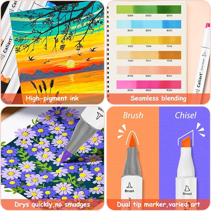 Caliart 101 Colors Alcohol Markers Brush Tip Art Markers for Adult Coloring | Brush & Chisel Permanent Markers Pens Set with Carrying Case for Artists & Beginners Drawing Painting Sketching Illustration