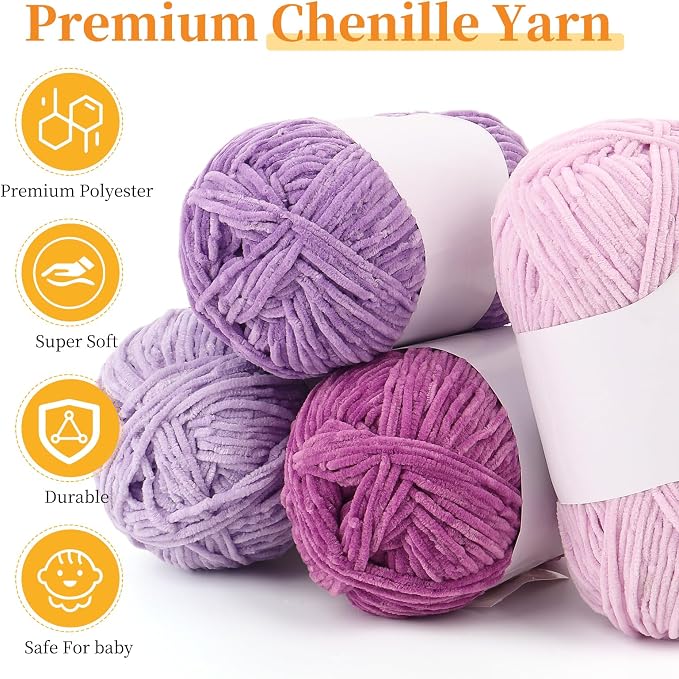Coopay Skinny Chenille Yarn for Crocheting & Knitting, Purple Gradient | Crochet Yarn Set - 600g Total, Velvet Yarn for Colorful Crafts, Blankets, Plush Dolls, Decorative Handmade Works