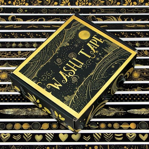 NANYNNU Black Washi Tape Set, 27 Rolls Black Gold Foil Decorative Masking Tape for Bullet Journaling, Scrapbooking Supplies, Watercolor Painting