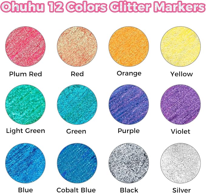Ohuhu Glitter Marker Pens 12 Colors Fine Tip for Painting Coloring Crafts
