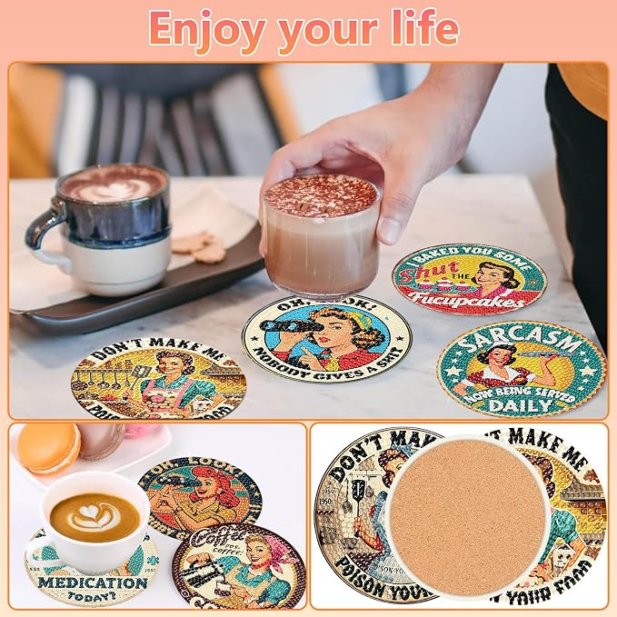 Funny Diamond Art Coasters Kit for Adults, Diamond Painting Coasters 8 Pcs | Diamond Art Coasters Kit for Adults with Holder, Anti-Slip Coasters, 5D Gem Art, DIY Crafts Diamond Dots for Gift or Life