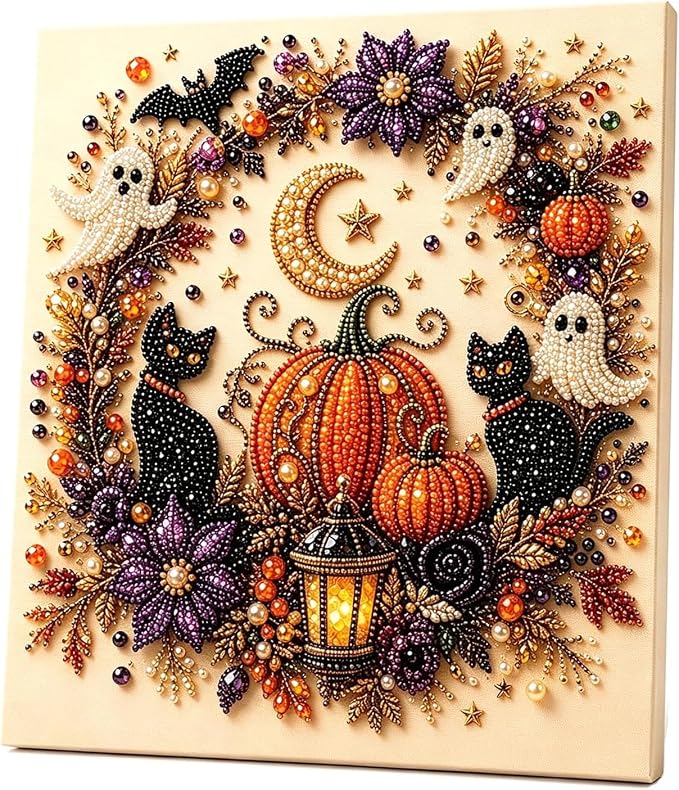 Halloween Ghost Pearl Art DIY Kit,Cute 3D Pearl Mosaic Craft Set for Adults & Beginners,Spooky Ghost Pumpkin Canvas Art for Fall Home Decor,Wall Art for Gift