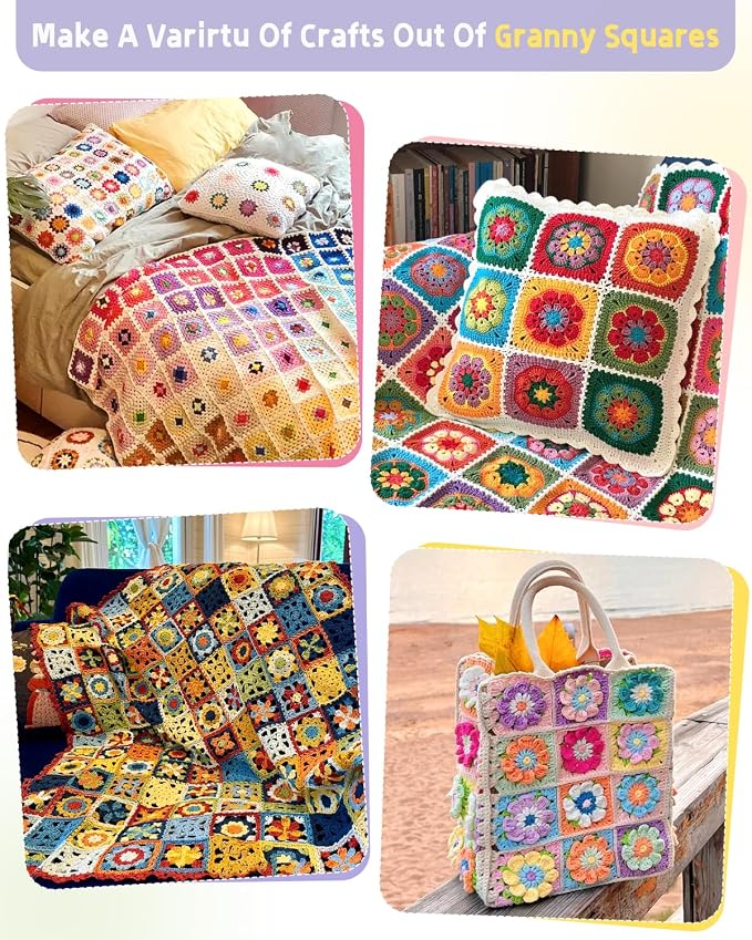 Katech Crochet Kit for Beginners, 50 Floral Granny Square Kits for Adults