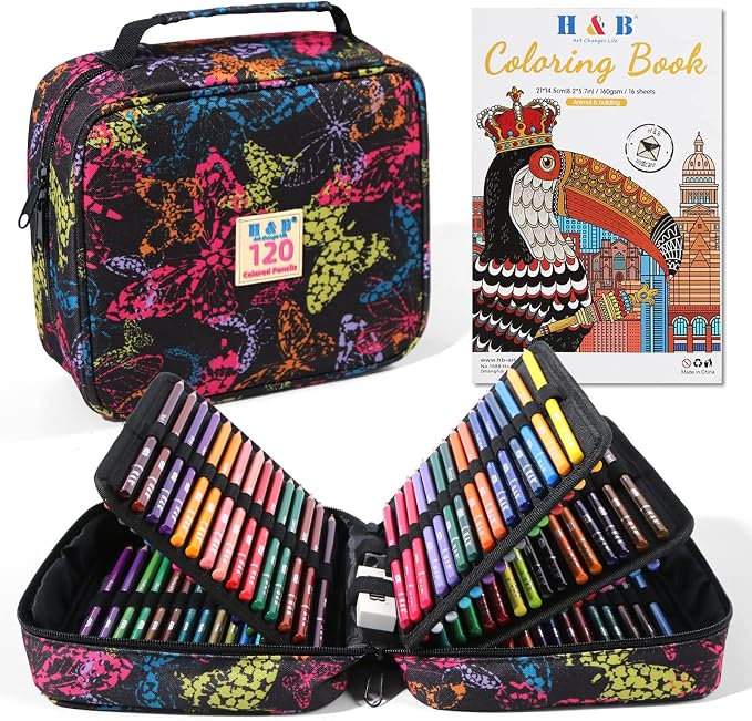 H & B 120 Colored Pencils for Adults & Beginners with Case & Coloring Book | Oil-based Soft Cores for Smooth Drawing & Coloring - Vibrant Blendable colors - Portable Travel Kit with Sharpener & Eraser
