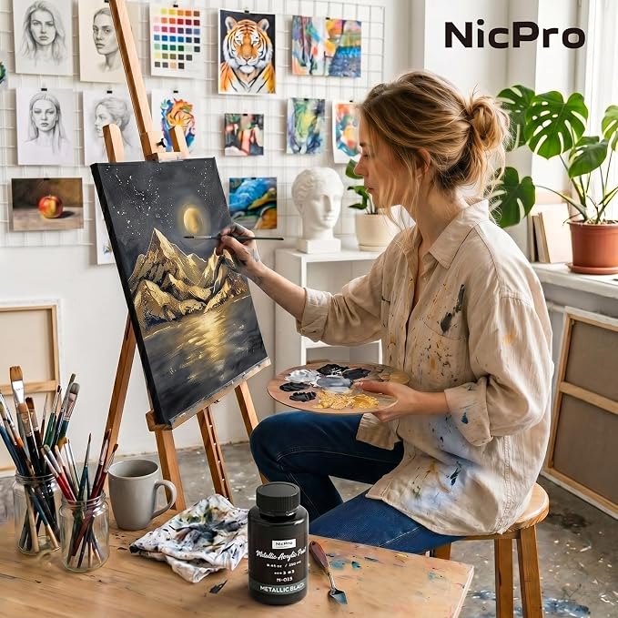 Nicpro Metallic Black Acrylic Paint, 8.45oz/250ml Large Black Craft Paint | Pearlescent Non Toxic, Non Fading Paints for Metal, Wood, Clay, Fabric, Canvas, Ceramic, Furniture, Handcrafts Art Supplies