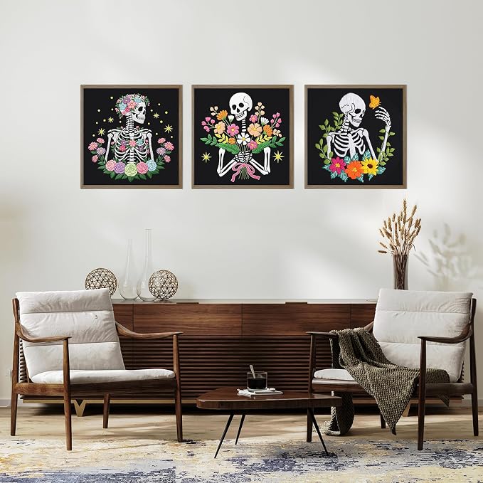Louise Maelys 3 Pack Embroidery Kit for Beginners Floral Halloween DIY | Complete Set for Halloween Skeleton Crafts. Cross Stitch Kits with Floral Designs and Needlepoint Kit For DIY Projects