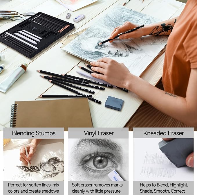 PANDAFLY Drawing Sketching Pencil Set, 22 Piece, Graphite Pencils (12B-2H) | Pro Art Pencil Kit with Black and White Charcoal Pencils, Charcoal Sticks, Stumps, Eraser, Sharpeners, Sketch Set for Artists