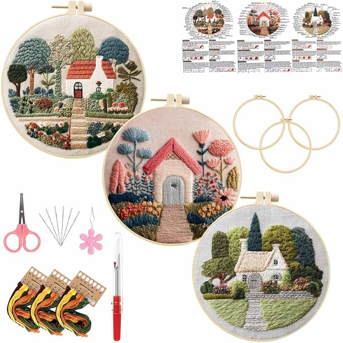 3 Packs Embroidery Kit for Adults, Embroidery for Beginners (Cottage)