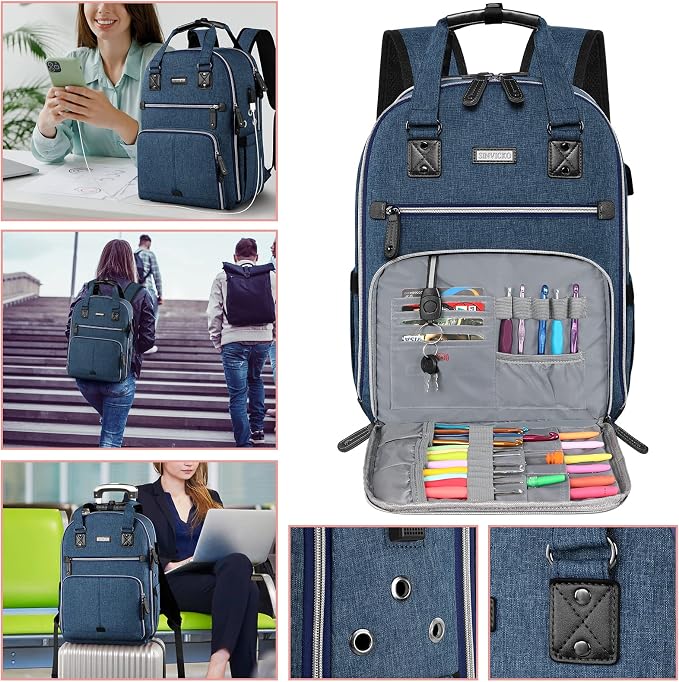 SINVICKO Crochet Bag, Knitting Bag Backpack and Totes Organizer with USB Charging Port, Large Yarn Storage Tote Bag