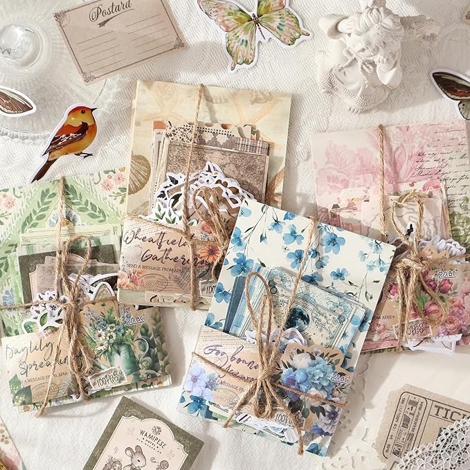 Wmhanler 400Pcs Scrapbook Supplies Vintage Scrapbook Paper Floral Junk Journal Stickers Journaling Supplies for Bullet Journaling, Retro Crafts, Planner, Collage Card Album