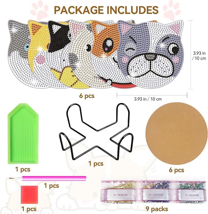Vcekract 6 Pcs Dog Diamond Art Coasters Kit for Adults | Diamond Painting Coasters with Holder & Protective Backing, Diamond Art Adult Crafts for Table Home Decoration
