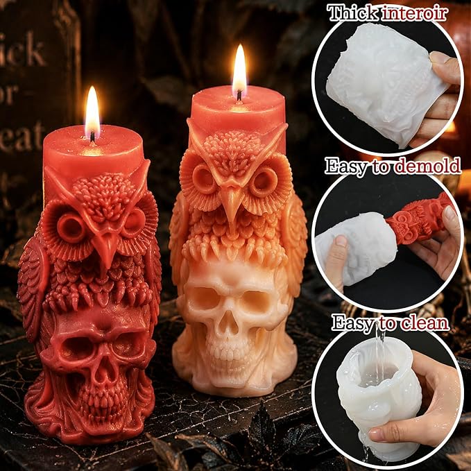 Halloween Silicone Candle Molds, Large Owl Skull Head Mold | Halloween Silicone Mold for Candle Making, Epoxy Resin Casting, DIY Craft Plaster, Concrete, Holidays Home Decor, Party Gift