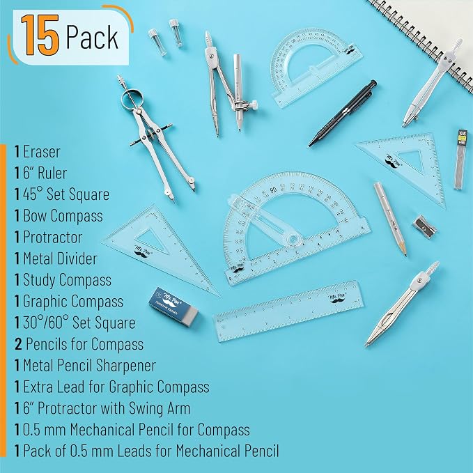 Mr. Pen- Geometry Set, 15 pcs, Light Grey, 6 Inch Swing Arm Protractor | Divider, Set Squares, Ruler, Compasses and Protractor