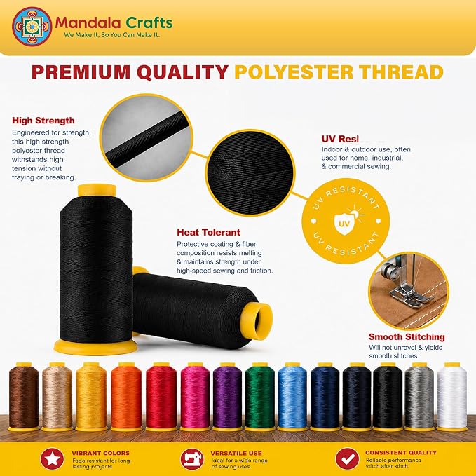 Mandala Crafts Beige Heavy Duty Thread - #69 T70 210D/3 1500 Yds Polyester Thread for Sewing Machine Outdoor Marine Jeans Leather Thread Drapery Upholstery Thread | 1500 Yds T70 UV Resistant Strong Thread for Leather Sewing, Marine, Drapery, Jeans, Hai...